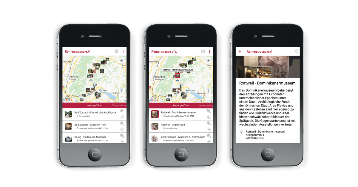 Drei Bildschirmfotos eines Handybildschirms. Die Römerstrassen-App ist für Smartphones kostenos erhältlich